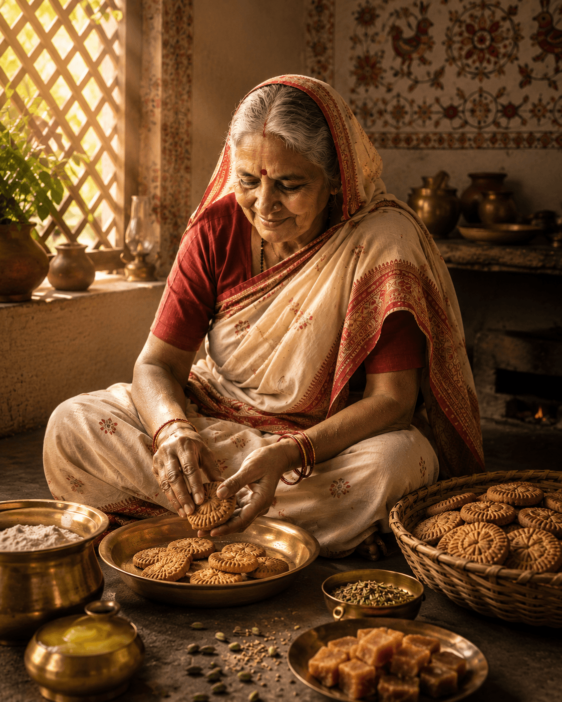 A grandmother lovingly shaping Mithila Thekua on a brass plate in a traditional kitchen, surrounded by ghee, jaggery and cardamom